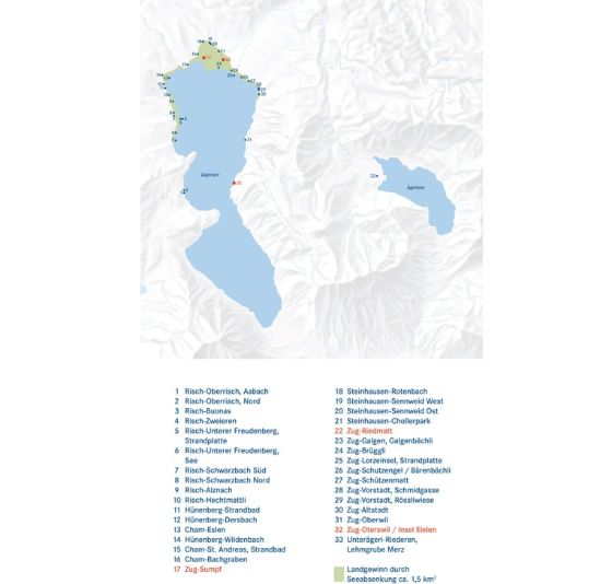 Karte mit Zugersee und grauer Umgebung. Punkte mit Nummern. Unten Namen der Punkte. 