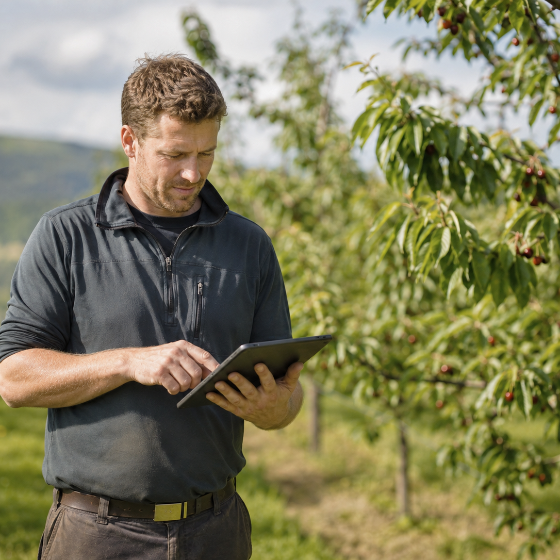 Kirschbauer arbeitet mit Tablet auf dem Feld