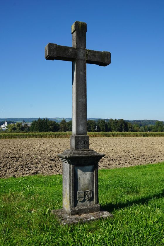 Wegkreuz auf Wiese vor blauem Himmel