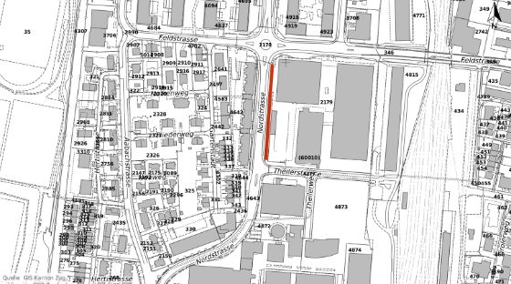 Das Trottoir auf dem rot markierten Abschnitt der Nordstrasse in Zug wird saniert.