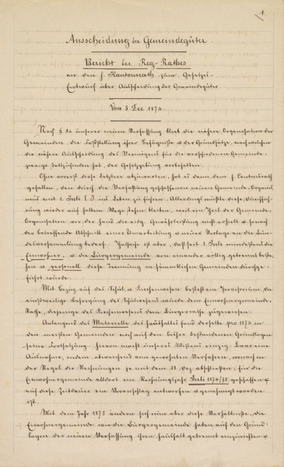 Bericht des Zuger Regierungsrats vom 3. Dezember 1874, Seite 1. Staatsarchiv Zug, CC 4.2.1.