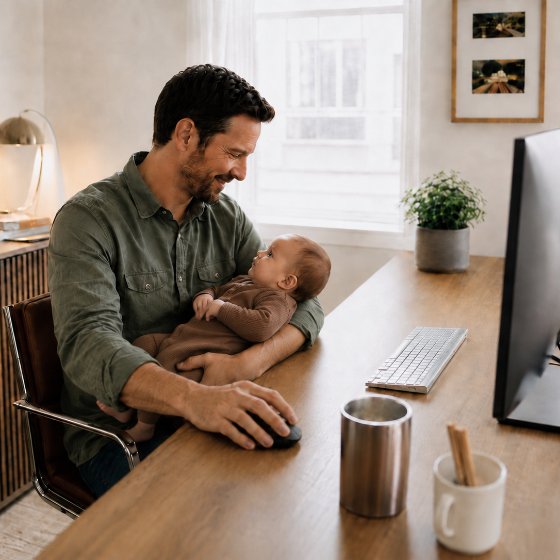 Vater im Home Office mit Baby im Arm