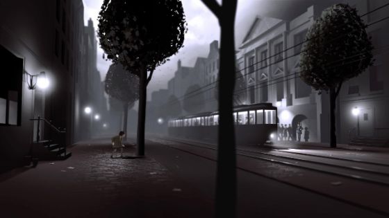 Abbildung 1: Amsterdam im Jahr 1943, Schauplatz im Videogame "When We Disappear". Das Mädchen Hannah, links im Bild, versucht der drohenden Deportation zu entkommen. Es muss den richtigen Moment erwischen, um unerkannt die Straße zu überqueren. © Inlusio Interactive.