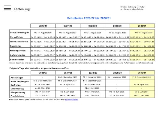 Ferienplan 2026–2031