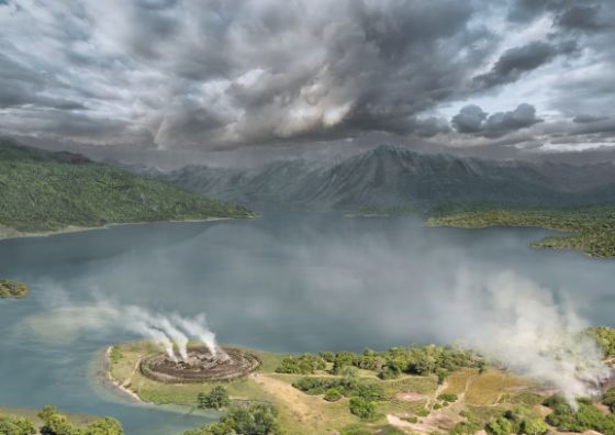 Abb. 1: Cham-Bachgraben, Gewitterstimmung am Zugersee. Cham-Bachgraben, Lebensbild der jüngsten ausgegrabenen Siedlung aus der Zeit um 1630 v. Chr. Illustration ADA ZG Eva Kläui.