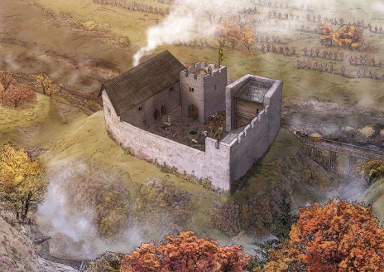 Gezeichnete Darstellung der Burgruine im Herbst