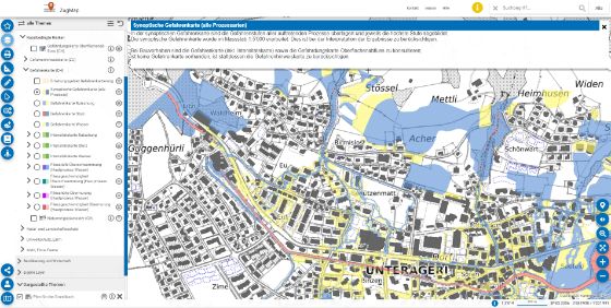 Darstellung der synoptischen Gefahrenkarte (Übersicht über alle Prozessarten) in Unterägeri auf ZugMap (Quelle: GIS Kanton Zug, KGK)